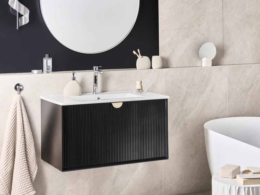 Wandmontierter Waschbeckenunterschrank mit Waschbecken BONAIRE Schwarz