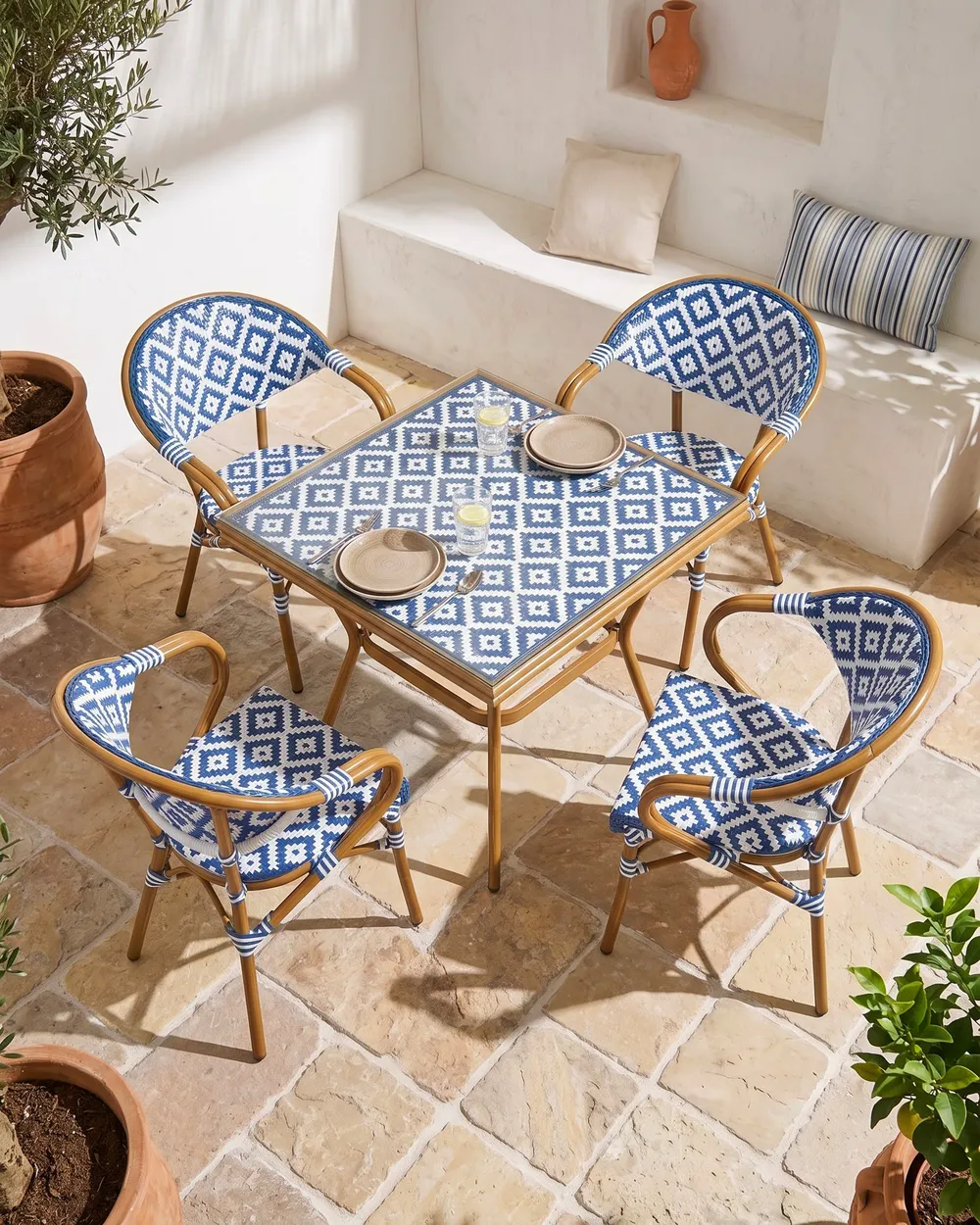Gartenstuhl 4er Set CASPRI Polyrattan Blau / Weiß_1090659