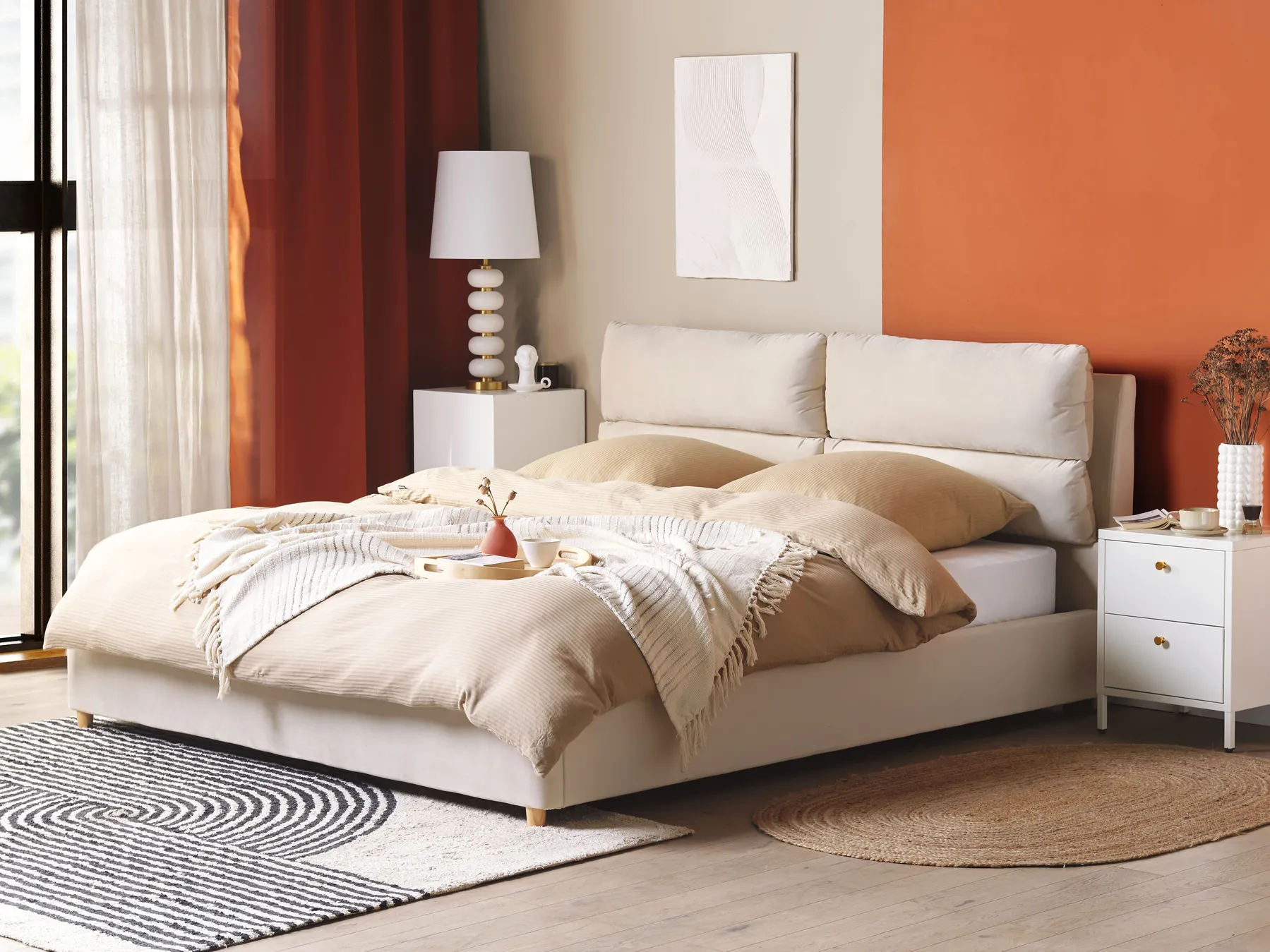 Bett mit Stauraum BATILLY Samtstoff Hellbeige 180 x 200 cm_830119