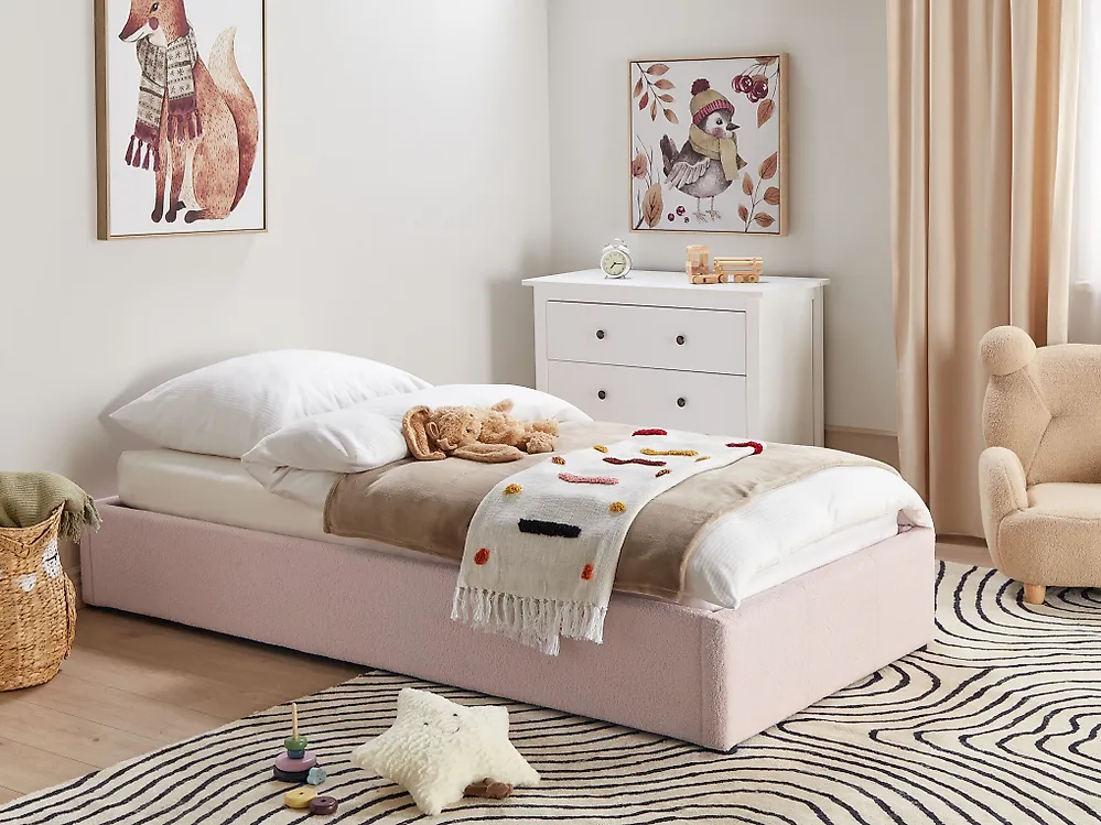 Ottoman Bed without Headboard DINAN Boucle Pastel Pink 90 x 200 cm (EU Single)