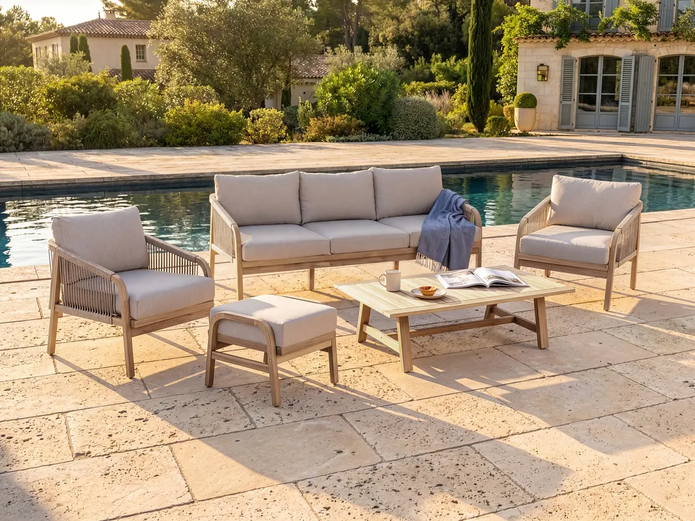Lounge Set mit Tisch und Ottomane 5-Sitzer SUMBA Akazienholz Hellbraun