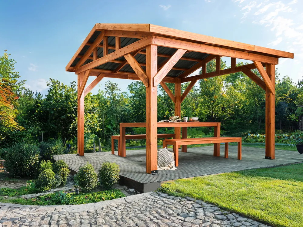Pavillon SECCHIA 296 cm 350 cm Tannenholz Braun / Grau