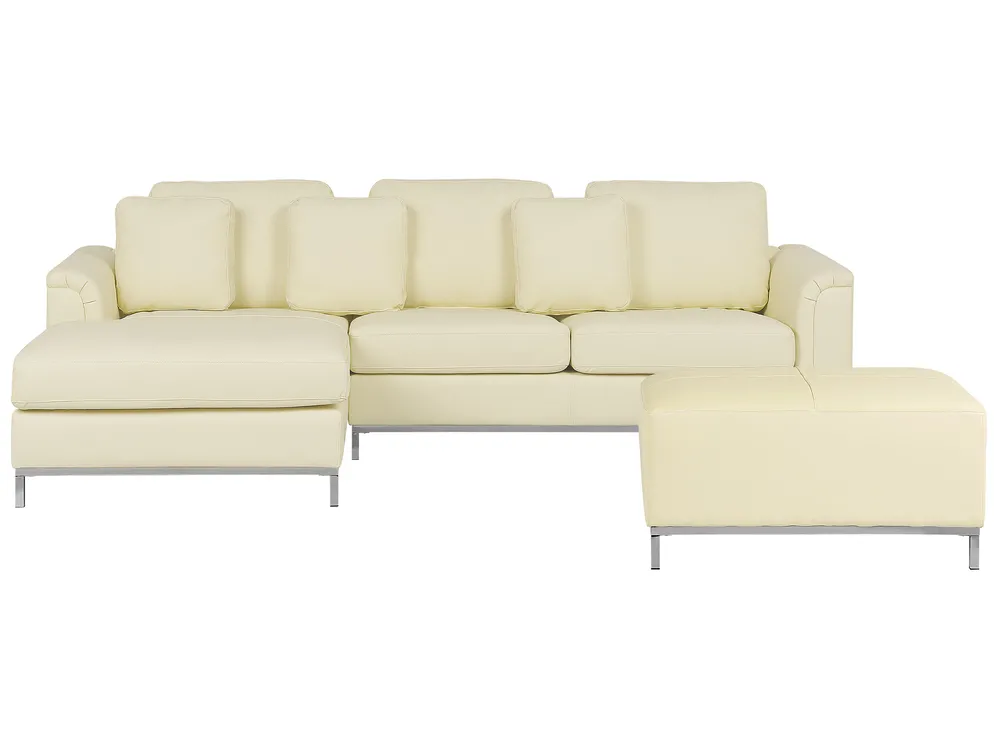 Ecksofa 4-Sitzer OSLO mit Ottomane Echtleder Hellbeige rechtsseitig