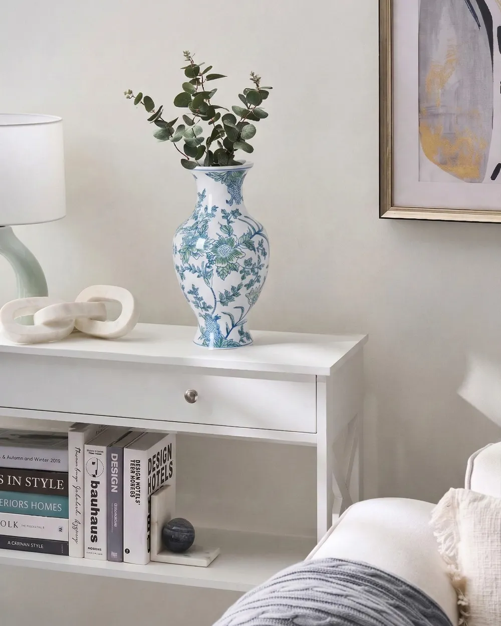 Flower Vase LLANES 36 cm Porcelain White/ Blue