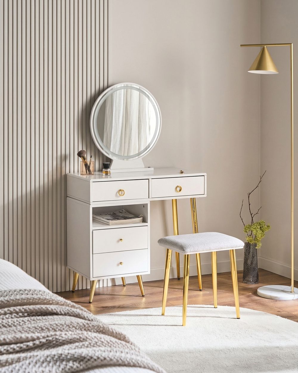 Toaletna mizica z ogledalom in stolom YVES LED Bela