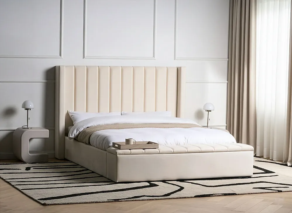 Bett mit Stauraumbank NOYERS Samtstoff Cremeweiß 160 x 200 cm_1174448