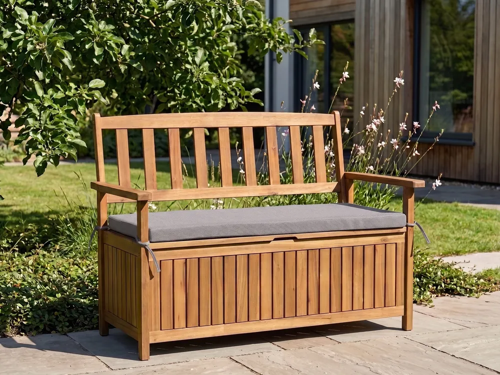 Gartenbank mit Auflage SOVANA 120 cm mit Stauraum Akazienholz Grau_1113171