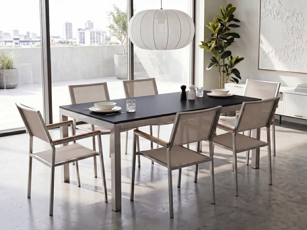 Garden Dining Set 6 Seater GROSSETO Tempered Glass Black/ Beige_1105770