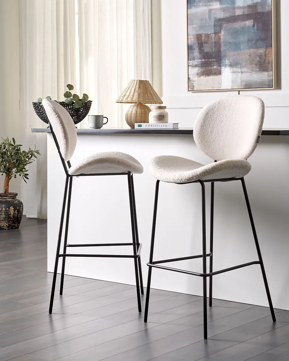 Set of 2 Bar Chairs LUANA Boucle White_1184882