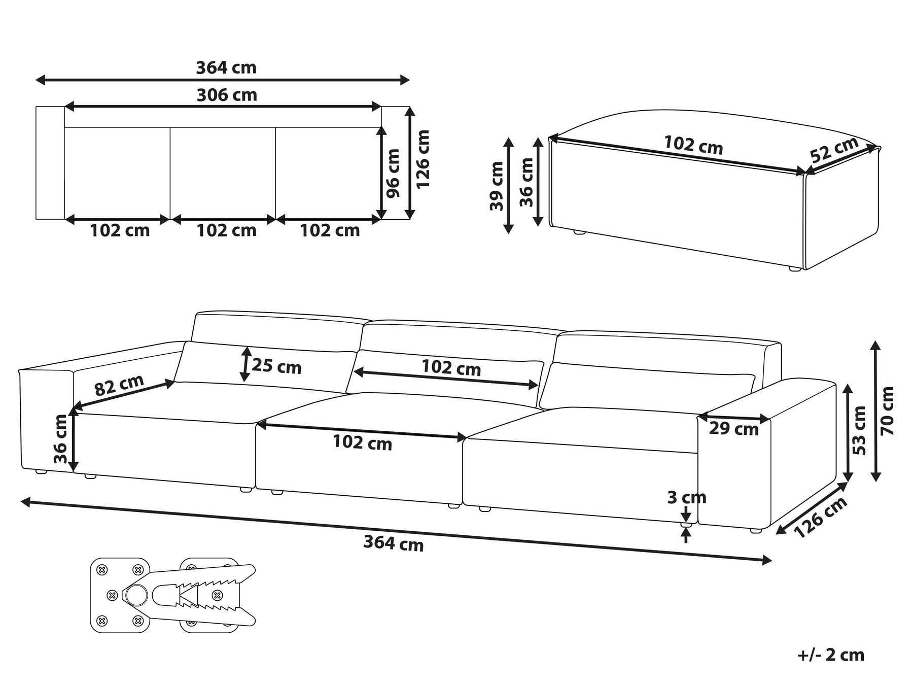 Modulsofa 3-Sitzer HELLNAR mit Ottomane Samtstoff Hellbeige_911026