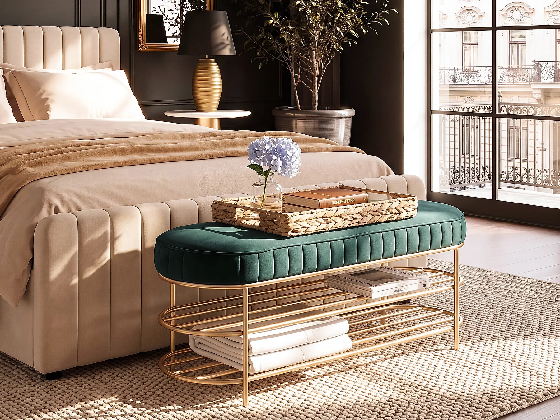 2 Tier Shoe Bench VERGENNES Velvet Emerald Green with Shelf_1186249
