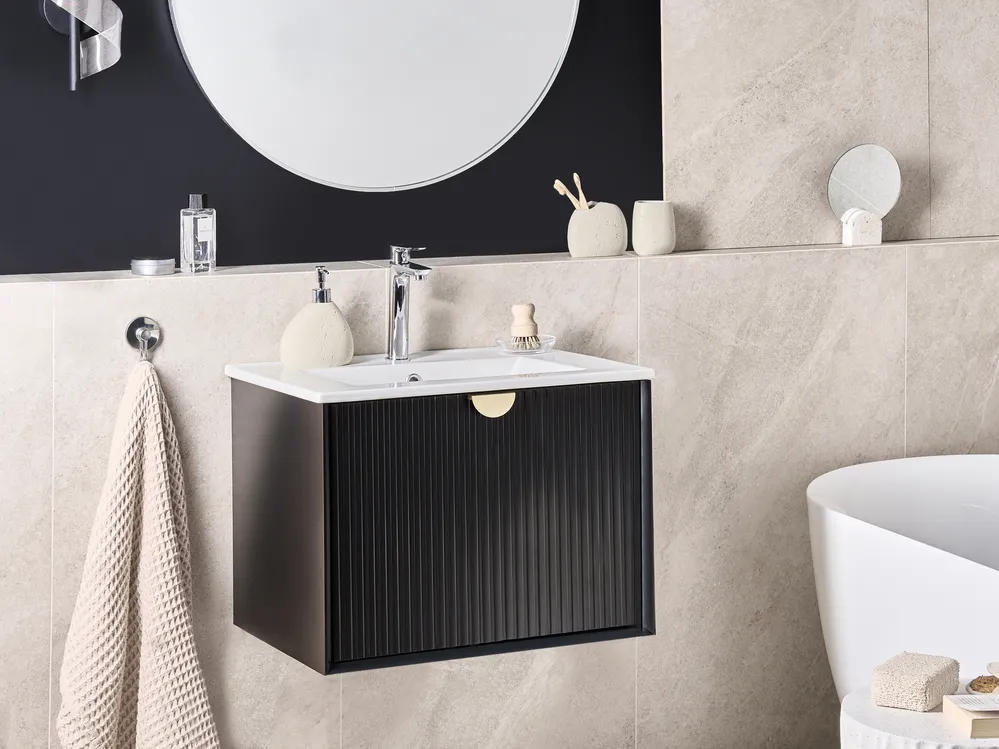 Wandmontierter Waschbeckenunterschrank mit Waschbecken BONAIRE Schwarz