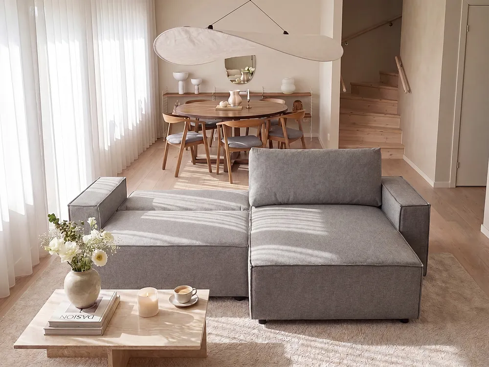 Eckschlafsofa KARILA mit Stauraum Stoff Grau linksseitig_1154546
