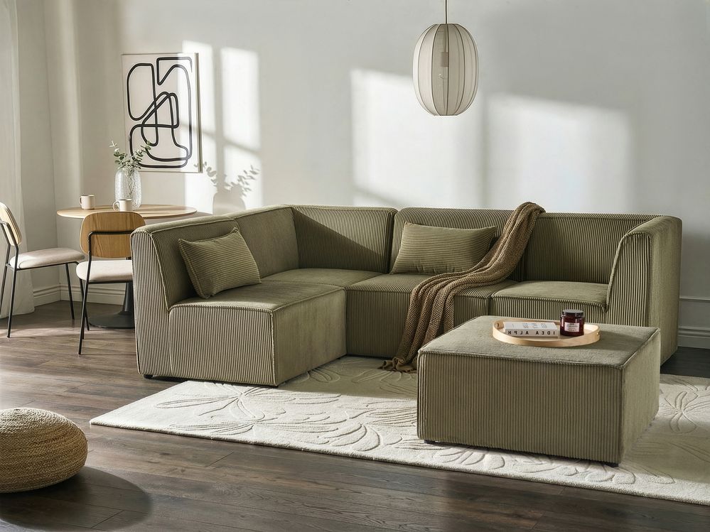 Modul Ecksofa 4-Sitzer LEMVIG mit Ottomane Cord Grün rechtsseitig