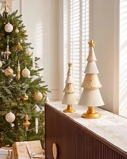 Weihnachtsdekoration 2er Set ASPO 32/41 cm Weihnachtsbaum Cremeweiß / Gold_1175712