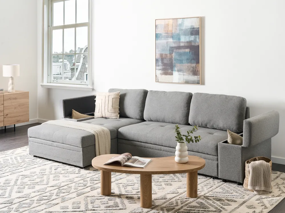 Eckschlafsofa 3-Sitzer HRISEY mit Stauraum Kunstleinen Grau rechtsseitig