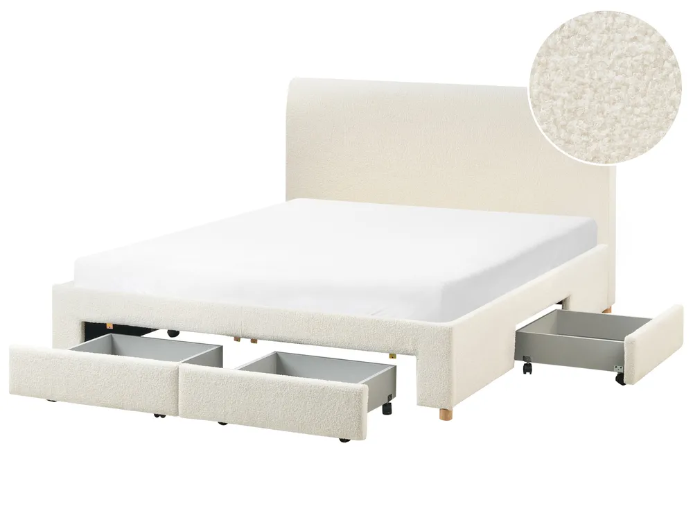 Bett mit Schubladen SOUTRIN Bouclé Cremeweiß 160 x 200 cm