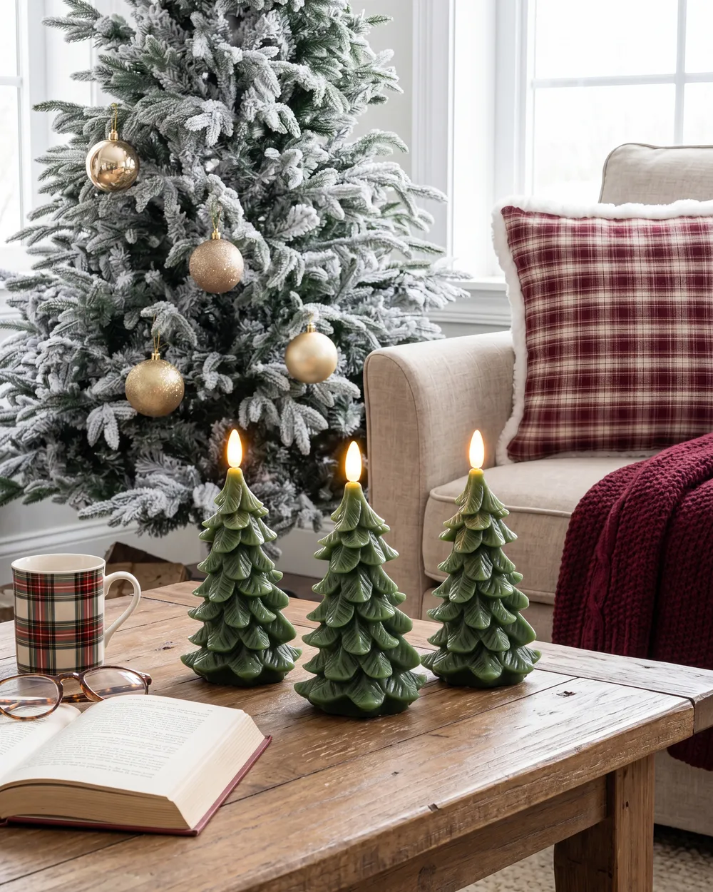 Set of 3 LED Candles VELOURA 16 cm Christmas Tree Green_1085098