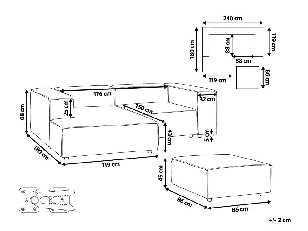 Modular Corner Sofa 2 Seater ARDAL with Ottoman Corduroy Green Right Hand_947444