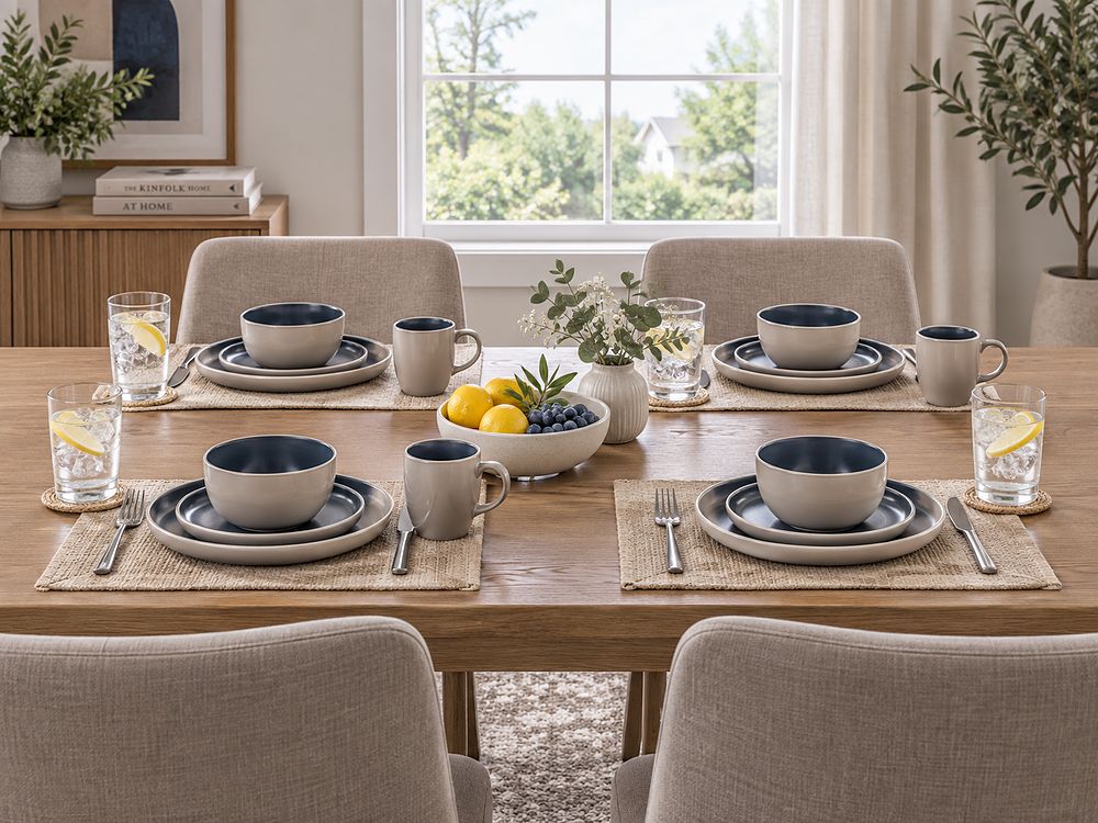 Set of 16 Dinnerware NUTMEG Stoneware Beige/ Blue
