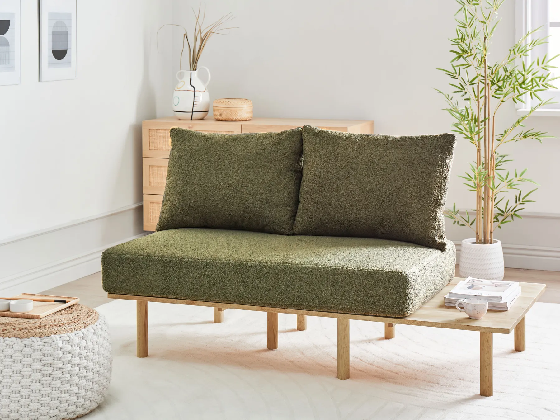 Sofa 2-Sitzer SALO mit Tischen Bouclé Dunkelgrün_932536