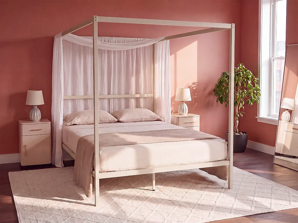 Four Poster Bed Metal LESTARDS 160 x 200 cm (EU King Size) Light Beige_1165343