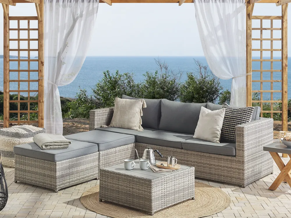 Garten Ecksofa mit Tisch 5-Sitzer SABBIA modular Polyrattan Hellgrau linksseitig