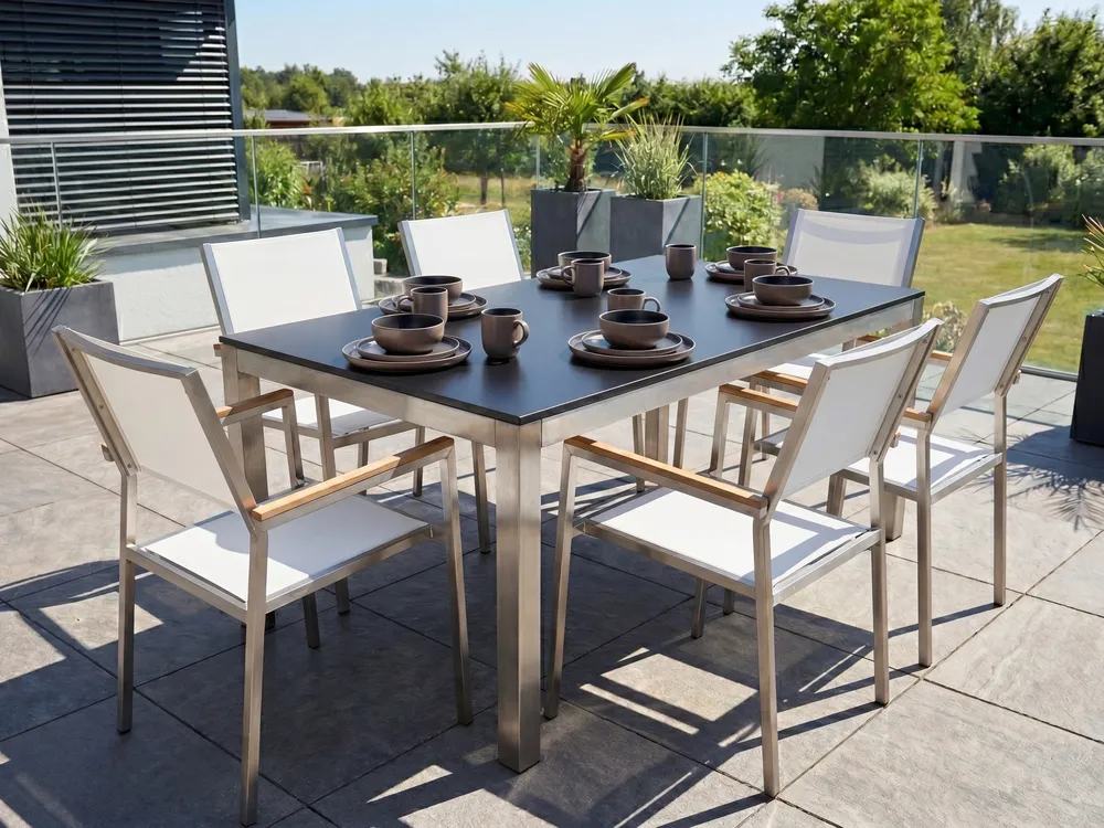 Garden Dining Set 6 Seater GROSSETO Tempered Glass Black/ White