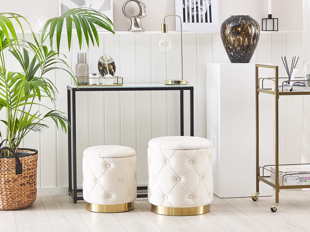 Pouf mit Stauraum 2er Set PUEBLO Samtstoff Weiß