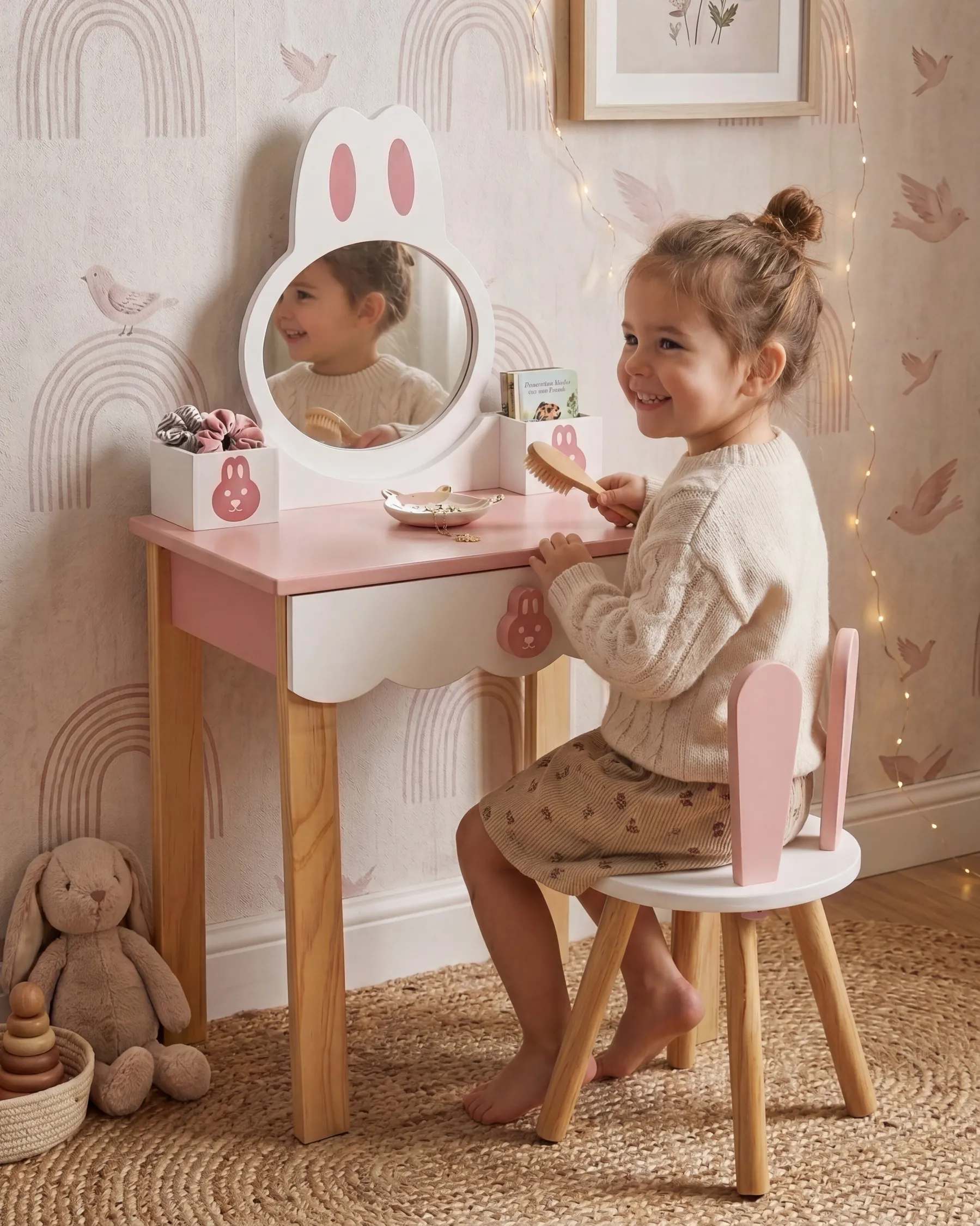 Kids Vanity Table with Chair LENAH Pink_1083557