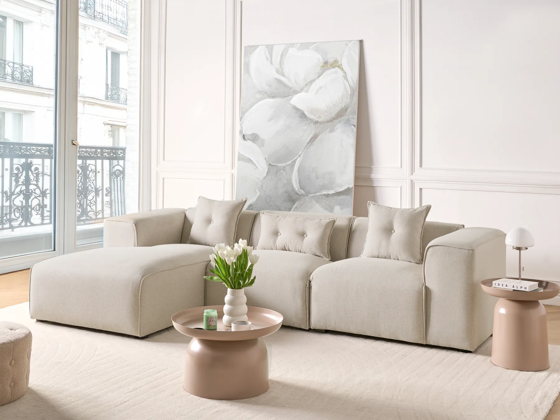 Ecksofa 3-Sitzer DOLVA Stoff Hellbeige rechtsseitig_984407