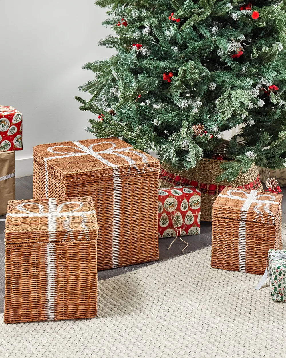 Aufbewahrungskorb 3er Set Weihnachtsgeschenke CADEAU Rattan Naturfarben_1085226