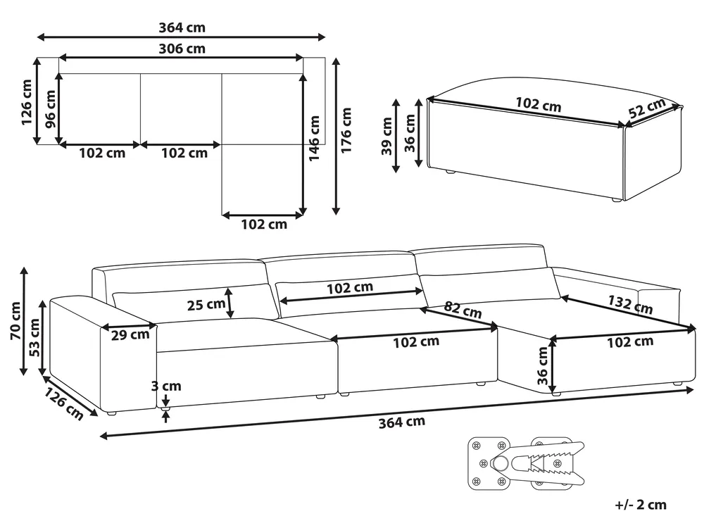 Modul Ecksofa 4-Sitzer HELLNAR mit Ottomane Samtstoff Hellbeige linksseitig_911138