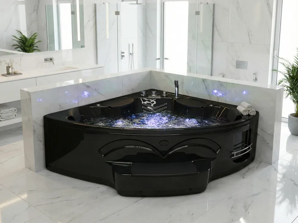 Whirlwanne Eckmodell mit LED CUYABENO 211 x 150 cm Schwarz