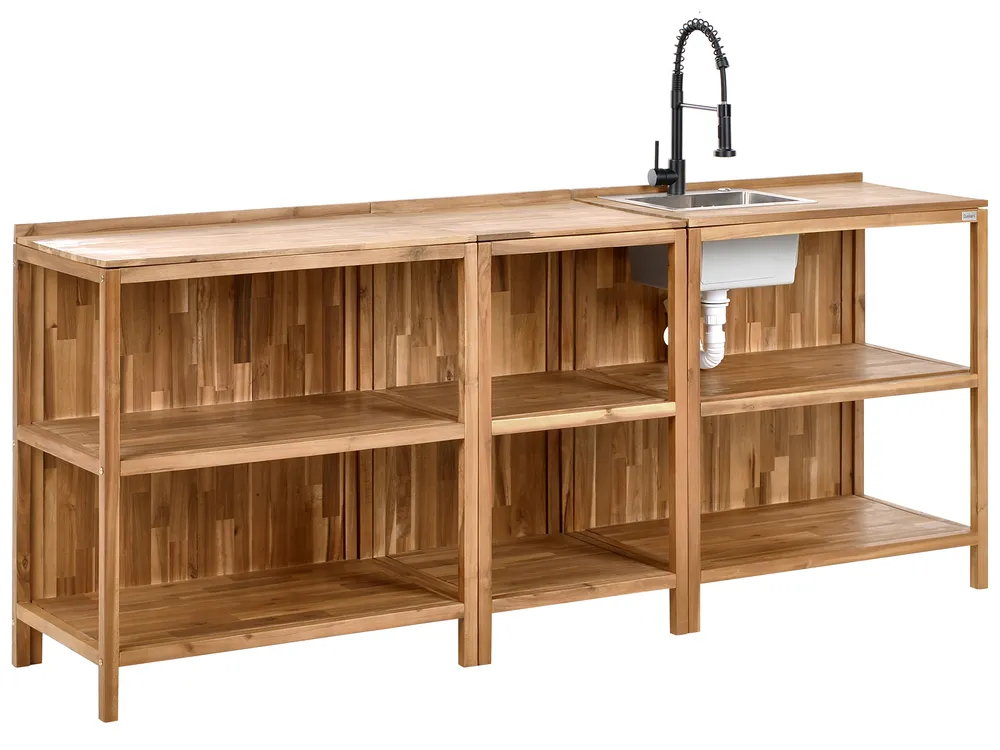 Outdoor-Küche 3er Set mit Spüle VENOSA Braun / Schwarz Akazienholz