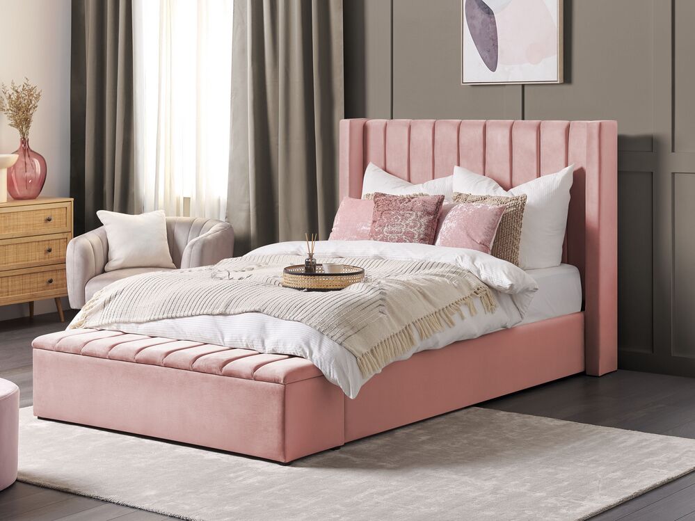 Bed with Storage Bench NOYERS Velvet Pink 140 x 200 cm (EU Double)