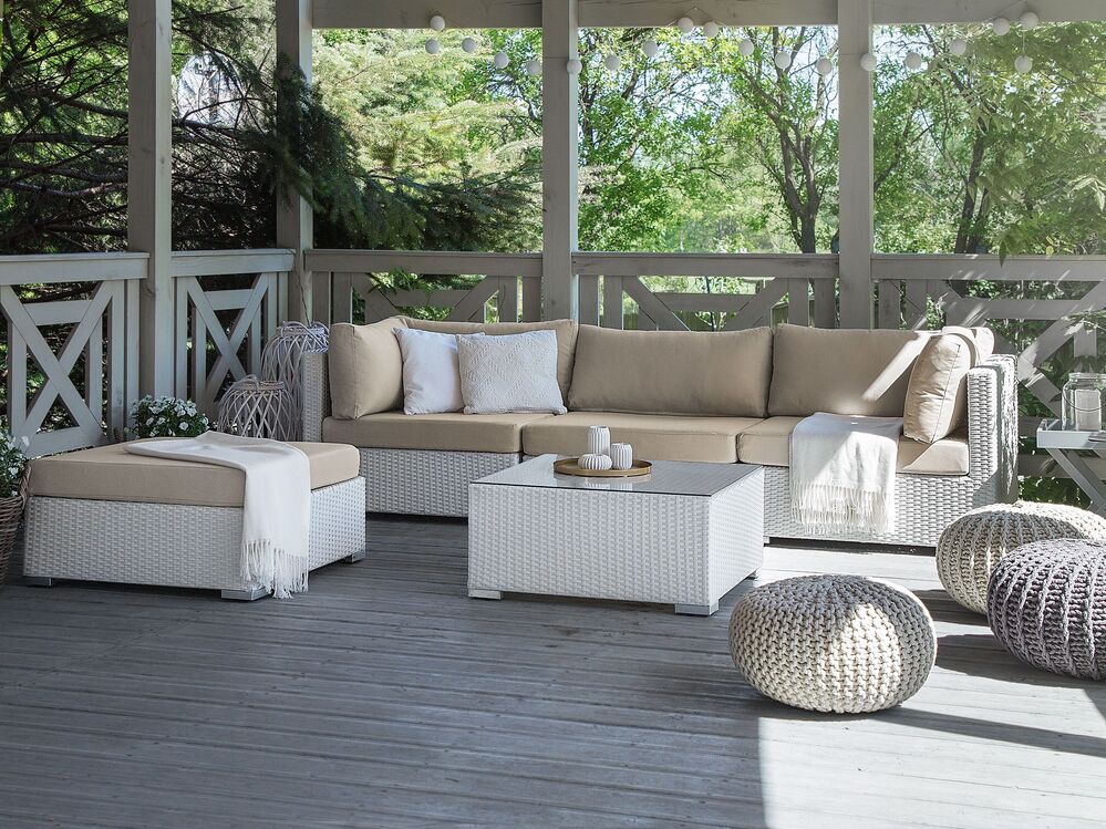 Garten Ecksofa mit Tisch 4-Sitzer SANO modular Polyrattan Weiß rechtsseitig