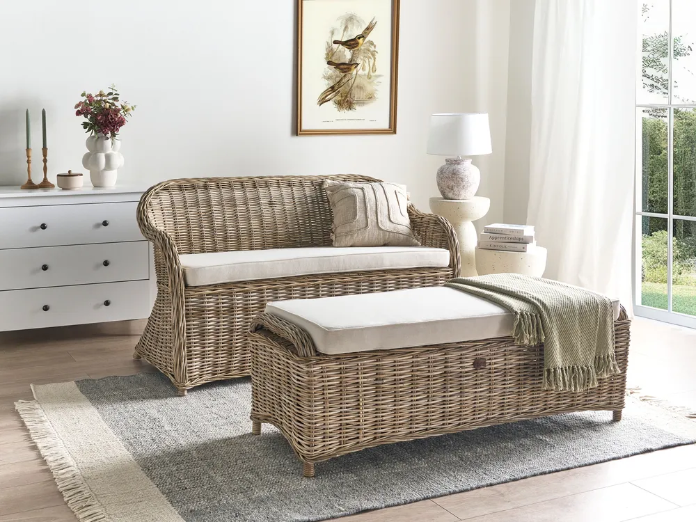 Gartenbank mit Auflage SUSUA 150 cm mit Ottomane Rattan Naturfarben_957576