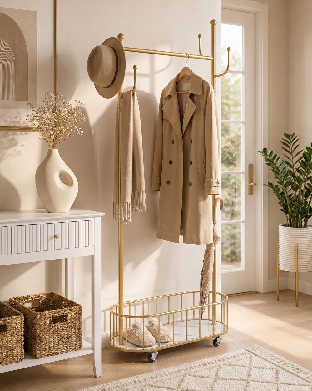 Coat Stand LOUMARIN with Shelf with Wheels Gold