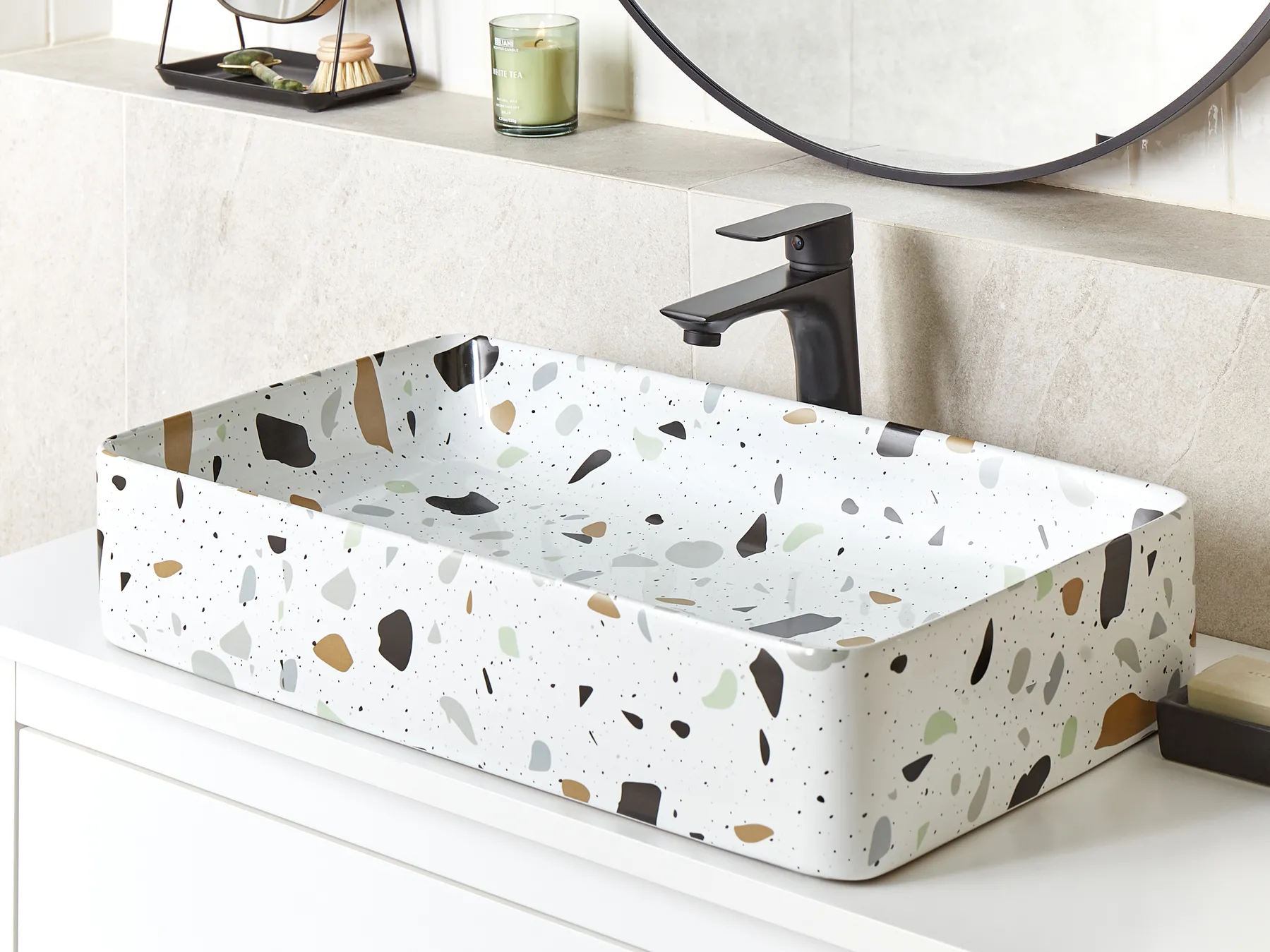 Aufsatzwaschbecken NULES 51 x 34 cm Keramik Terrazzo Optik Terrazzo Weiß_922113