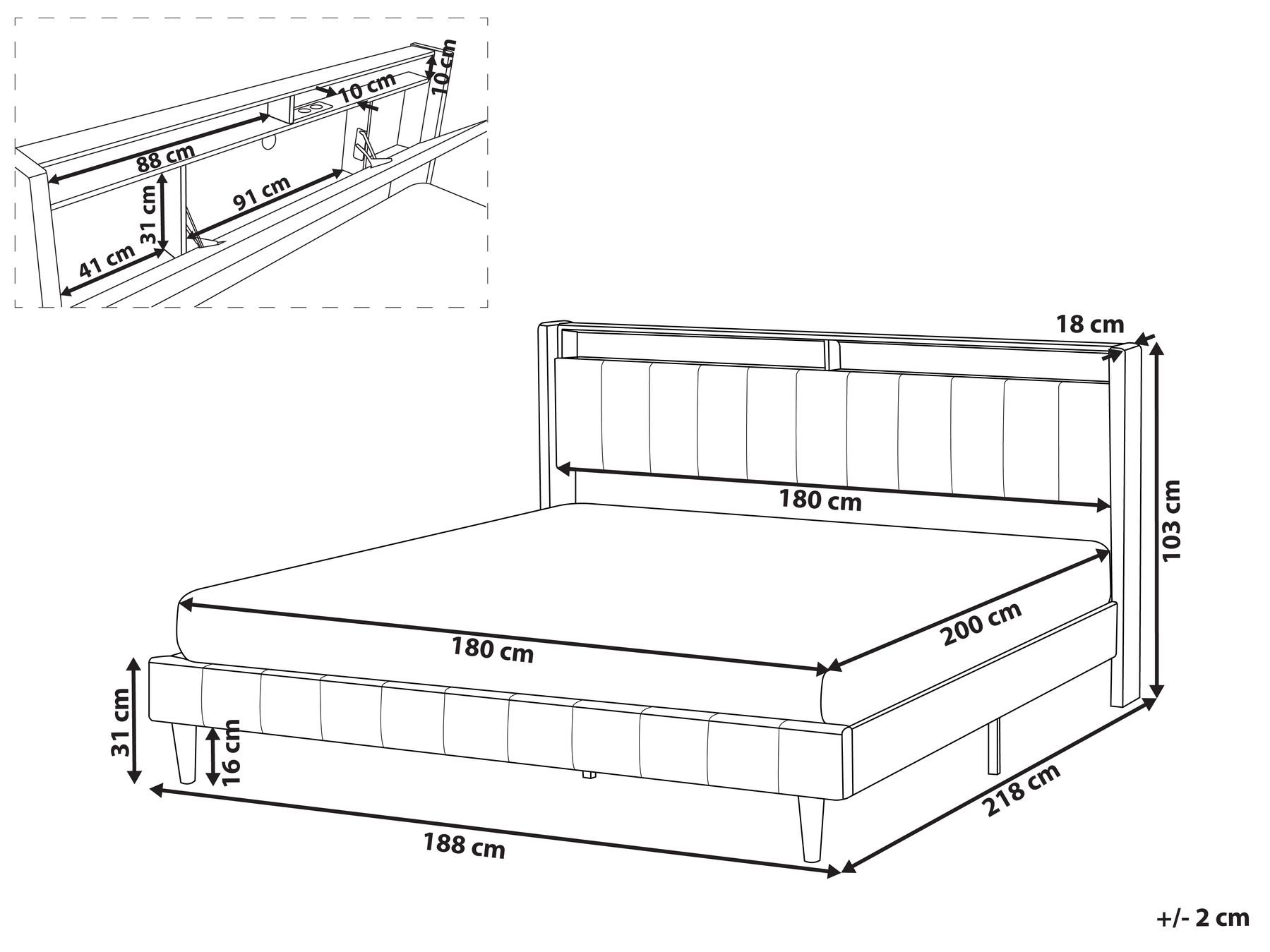 Bed with LED BEAULIEU Fabric Dark Grey 180 x 200 cm (EU Super King) with USB Port with Storage_993598