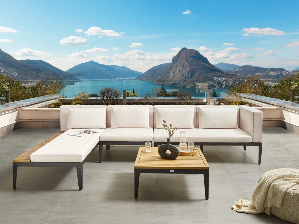 Garten Ecksofa mit Tisch 4-Sitzer BRACCIANO zertifiziertes Akazienholz Hellbeige rechtsseitig