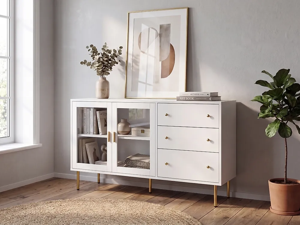 Sideboard mit Glastüren MILORA 160 cm Weiß