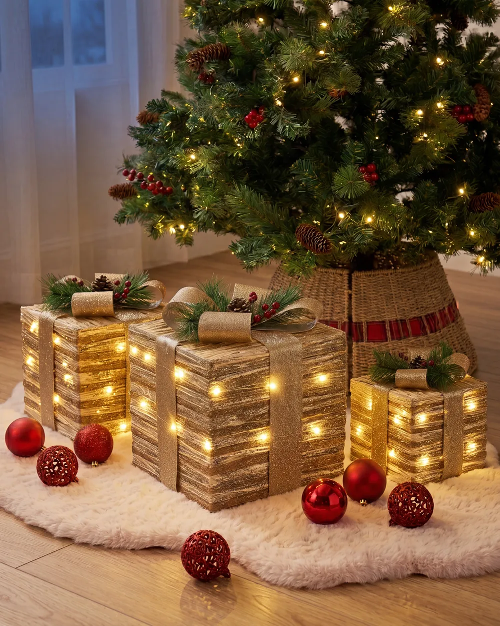 Set of 3 Christmas Decorations LED TOFTE 20/25/30 cm Christmas Gifts Gold