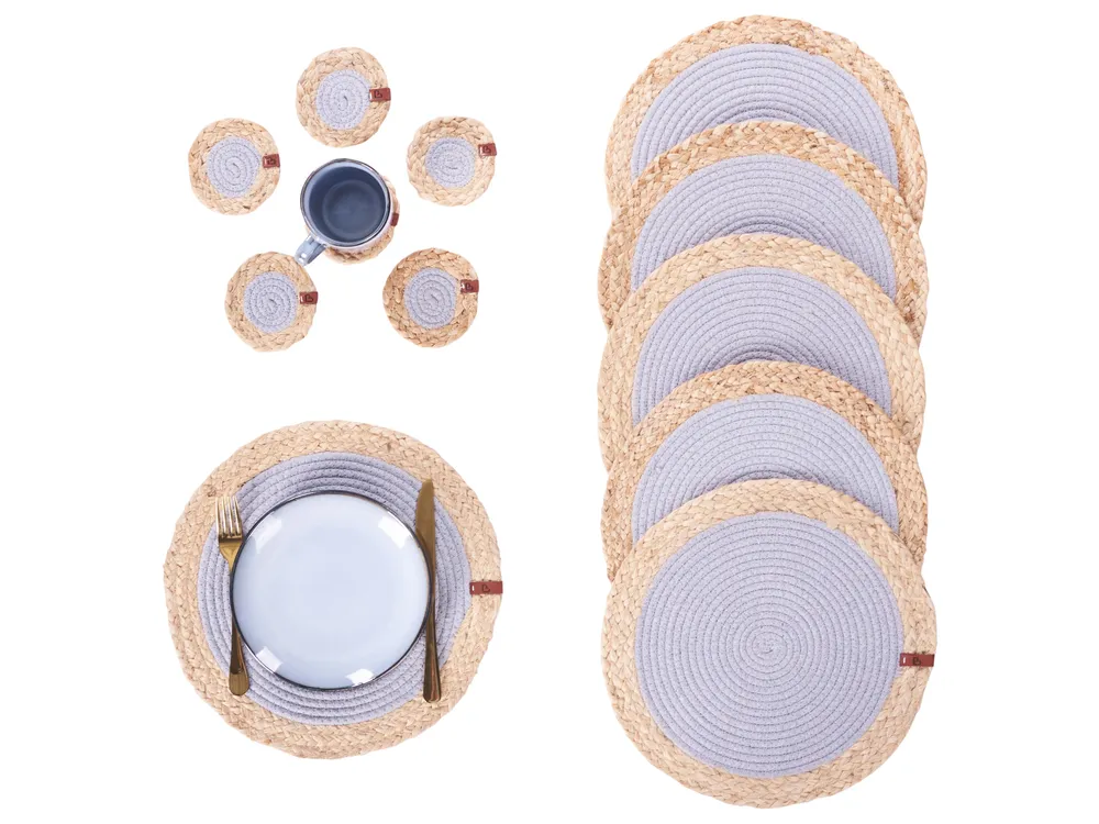 Tischset mit Untersetzern 12-teilig ROSELLA Jute Baumwolle Grau_946263