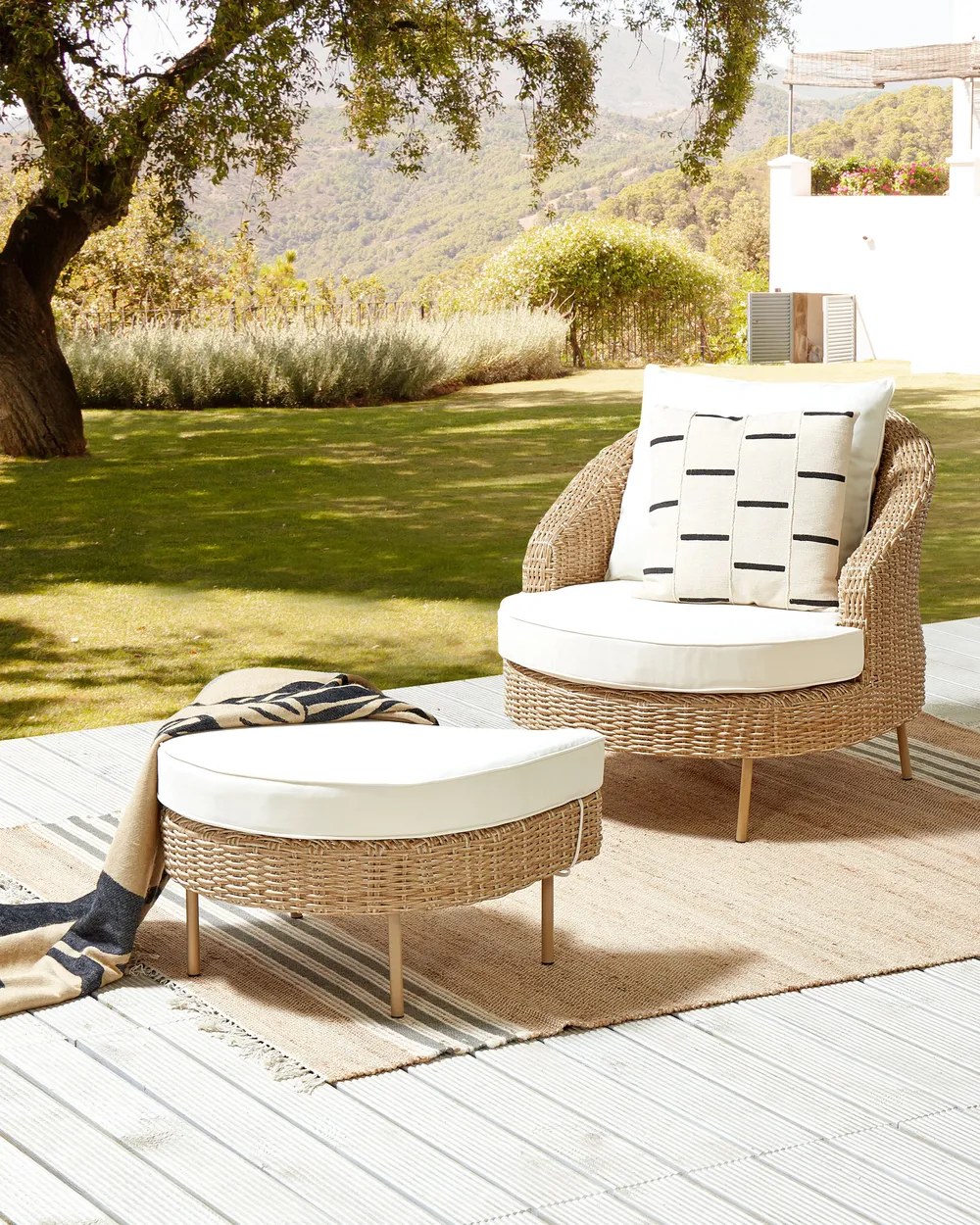 Gartensessel mit Ottomane ARCILLE II Polyrattan Naturfarben
