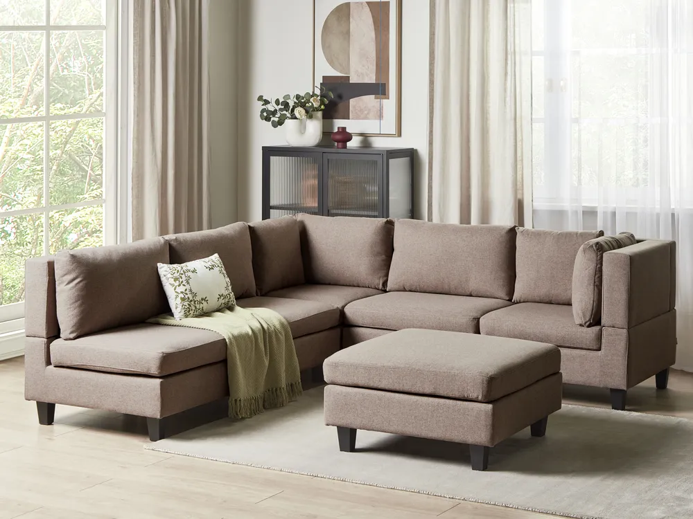 Modul Ecksofa 5-Sitzer UNSTAD mit Ottomane Stoff Braun linksseitig