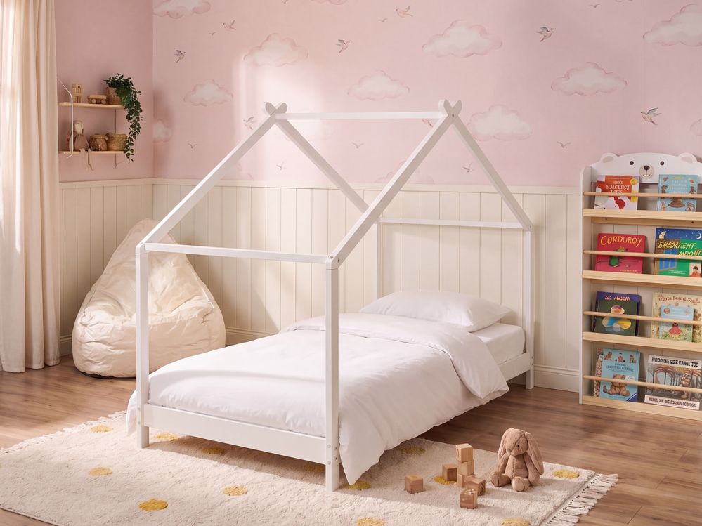Kids Bed House Pine Wood ORLU 90 x 200 cm (EU Single) White