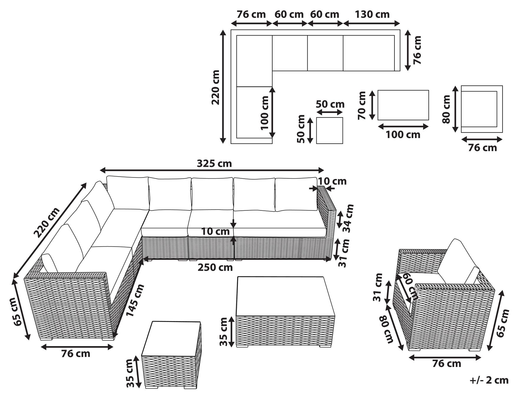 Lounge Set mit Tisch 8-Sitzer XXL modular Polyrattan Beige rechtsseitig_905100
