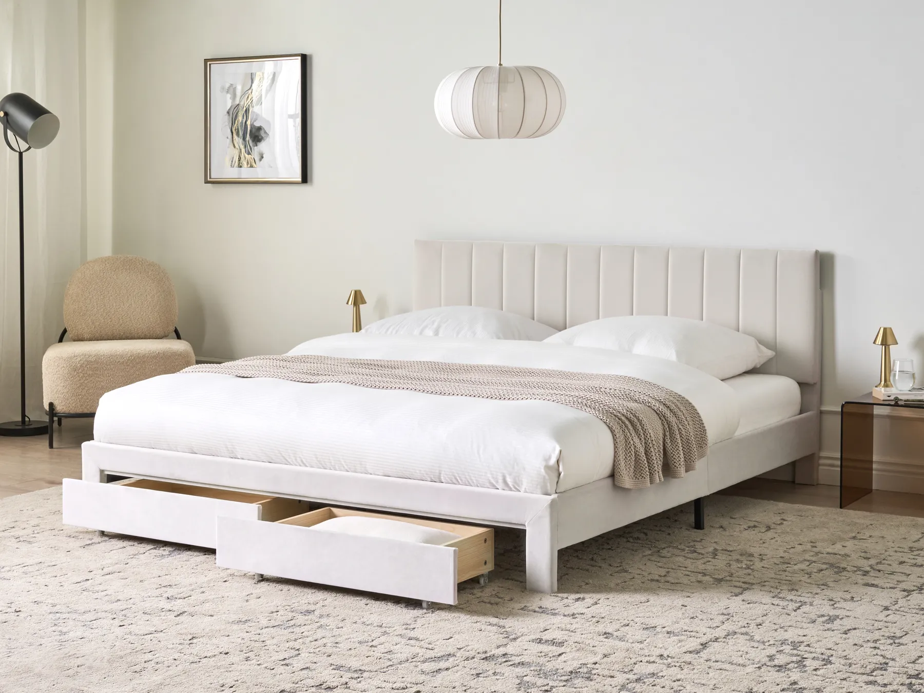 Bett mit Schubladen LONZAC Samtstoff Cremeweiß 180 x 200 cm_1014796